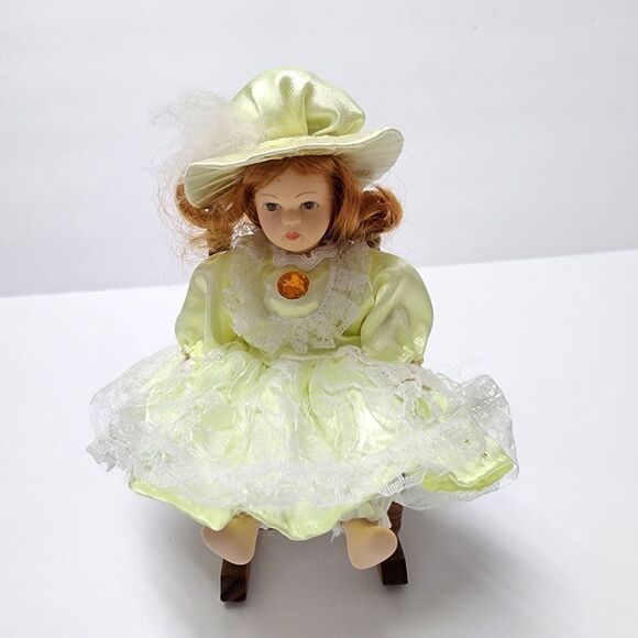 Vintage 5" Porcelain Doll On a Wooden Rockibg Chair - Picture 1 of 8